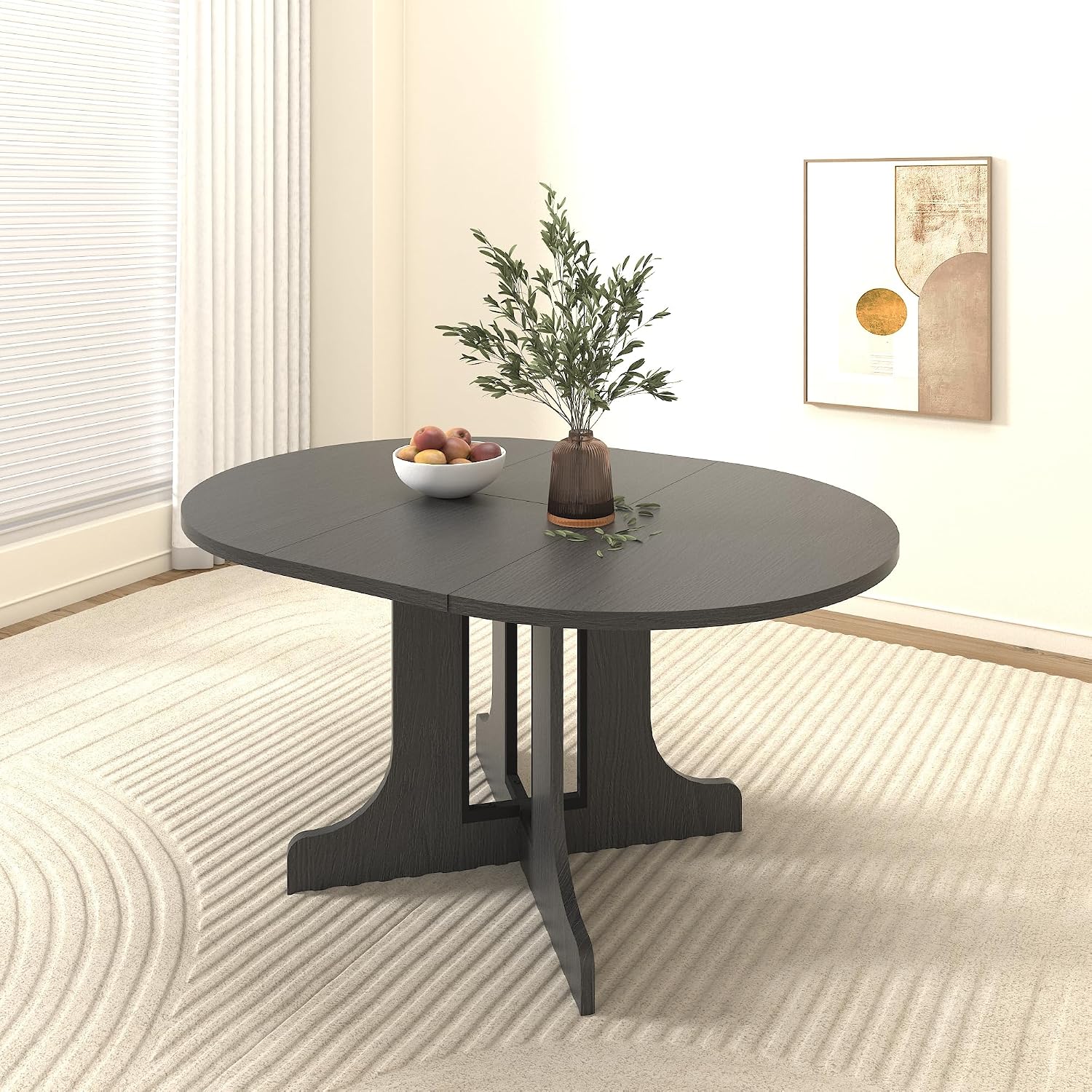 59.06' Dining Table for Farmhouse Kitchen Expandable Oval Table Top with Removable Leaf Trestle X Shaped Base,Black