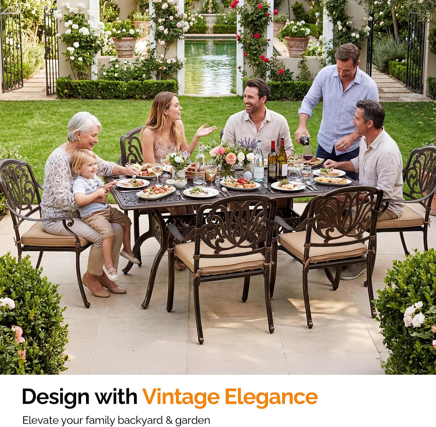 VINGLI 7 Pieces Outdoor Dining Set, Cast Aluminium All-Weather Patio Dining Set for 6 with Umbrella Hole, Outdoor Dining Table and Chairs with Cushion for Yard, Garden, Porch and Poolside, Bronze