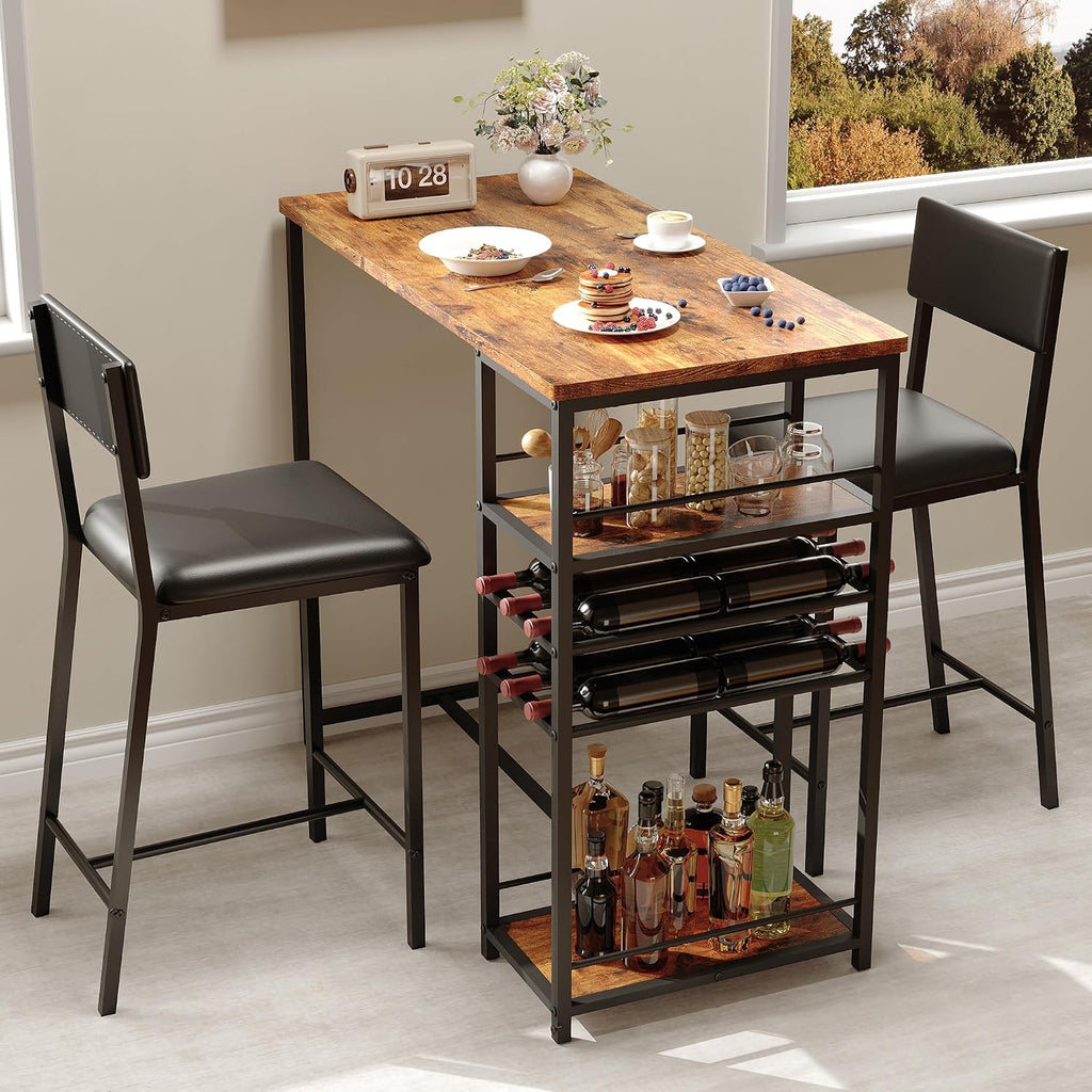 Dining Table Set for 2, Counter Height Table with 2 Upholstered Chairs and Storage Shelves, Bistro Table and Chair Set of 2, Kitchen Table Set for Small Space (Brown Table and 2 Upholstered Chairs)