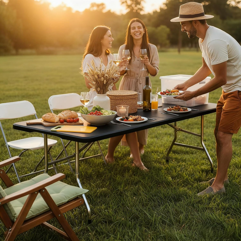 6FT Folding Table Set of 5 Portable Heavy Duty Plastic Table with Carrying Handle Fold-in-Half Utility Foldable Tables for Parties Wedding Events Dining Indoor Outdoor Picnic (Black)