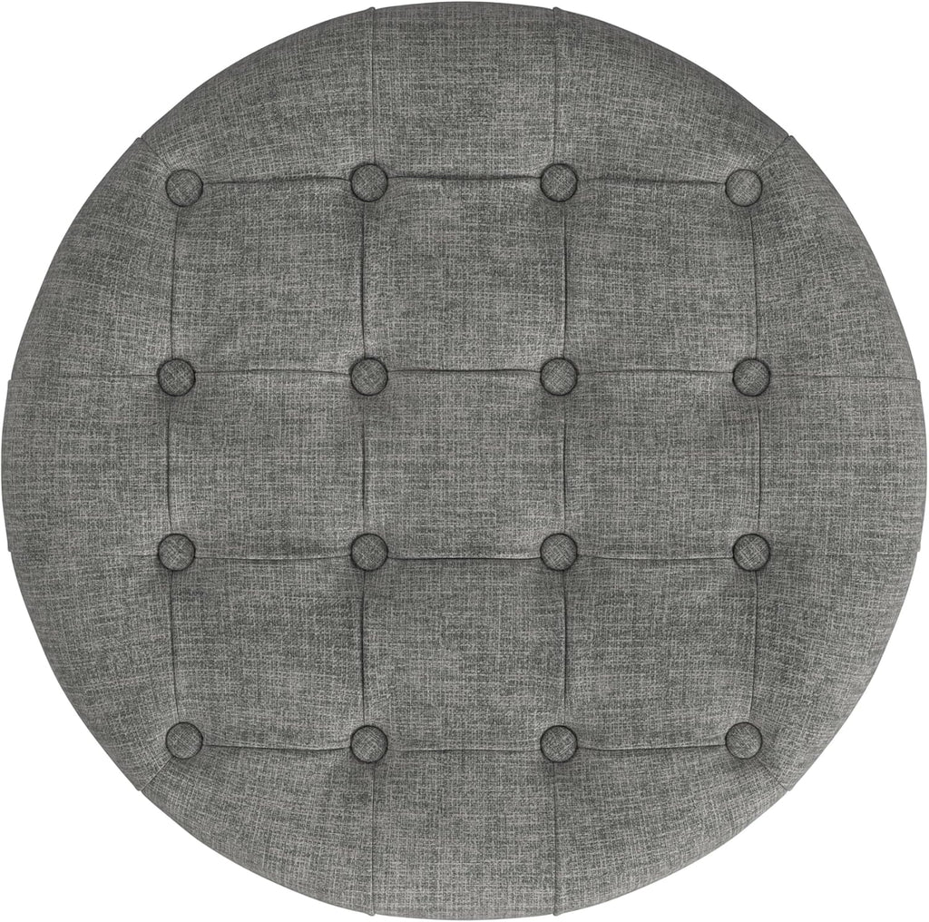 Homepop Home Decor |Button Tufted Woven Round Storage Ottoman | Ottoman with Storage for Living Room & Bedroom (Gray Woven)