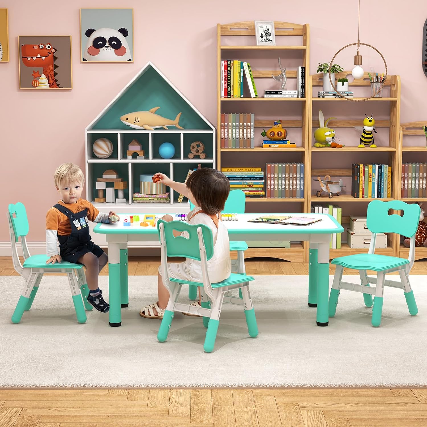 Costzon Kids Table and 4 Chair Set, Height Adjustable Toddler Desk and Chairs with Graffiti Desktop, Non-Slip Legs, Children Art Study Multi-Activity Table Set for Home, Daycare, School (Green)