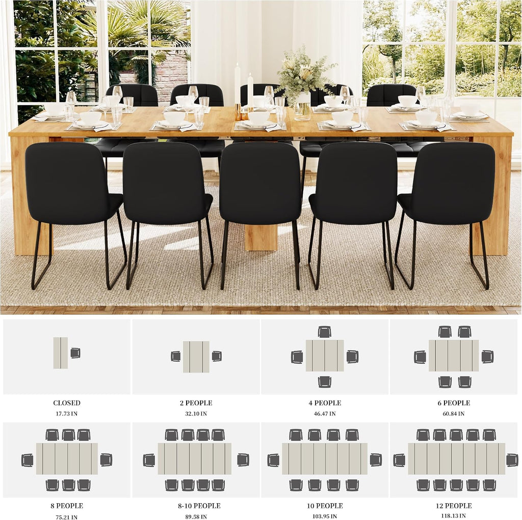 HIPIHOM 17.7'-118' Extendable Dining Table Set for 12, Extension Long Table Set with Extension Leaves Holder, Space-Saving for Meeting, Dining Room(Oak Table+10 U-Shaped Black Chairs)