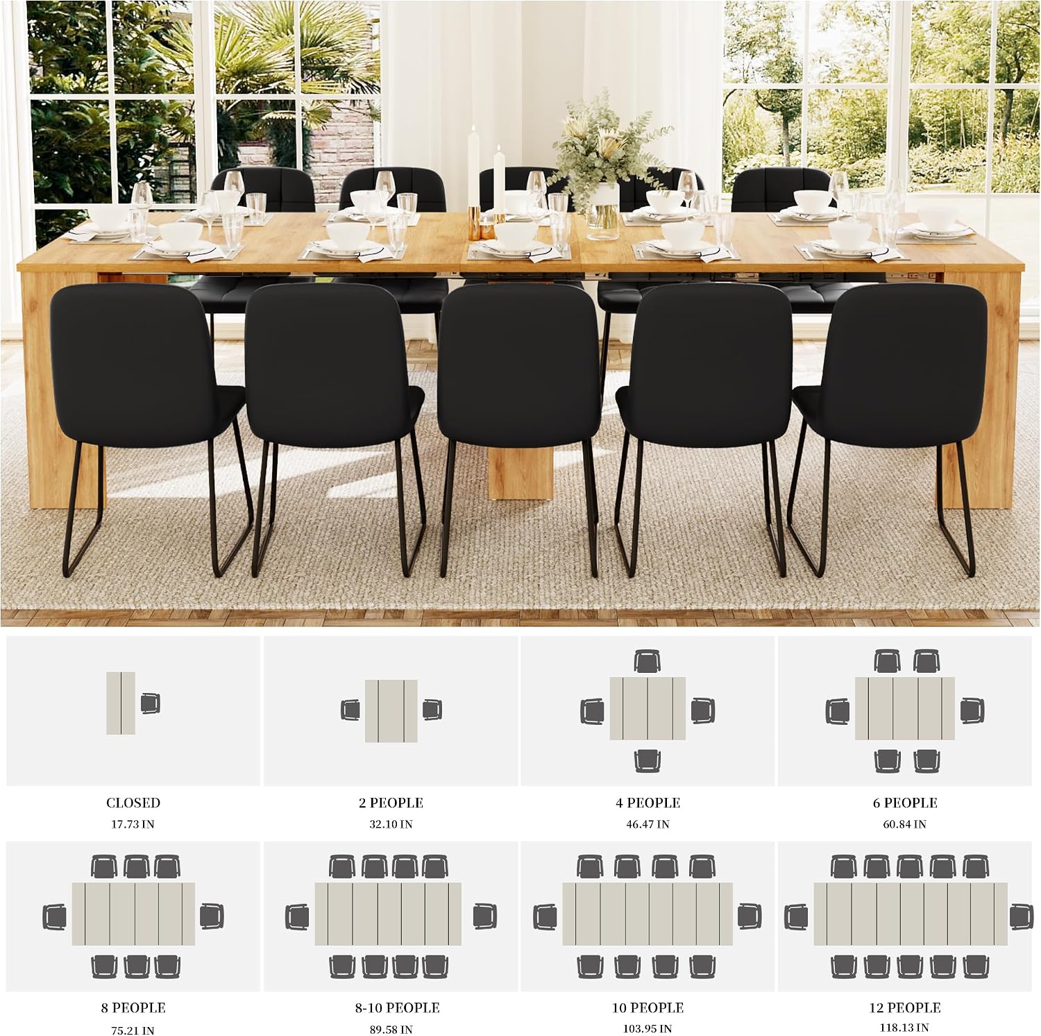 HIPIHOM 17.7'-118' Extendable Dining Table Set for 12, Extension Long Table Set with Extension Leaves Holder, Space-Saving for Meeting, Dining Room(Oak Table+10 U-Shaped Black Chairs)