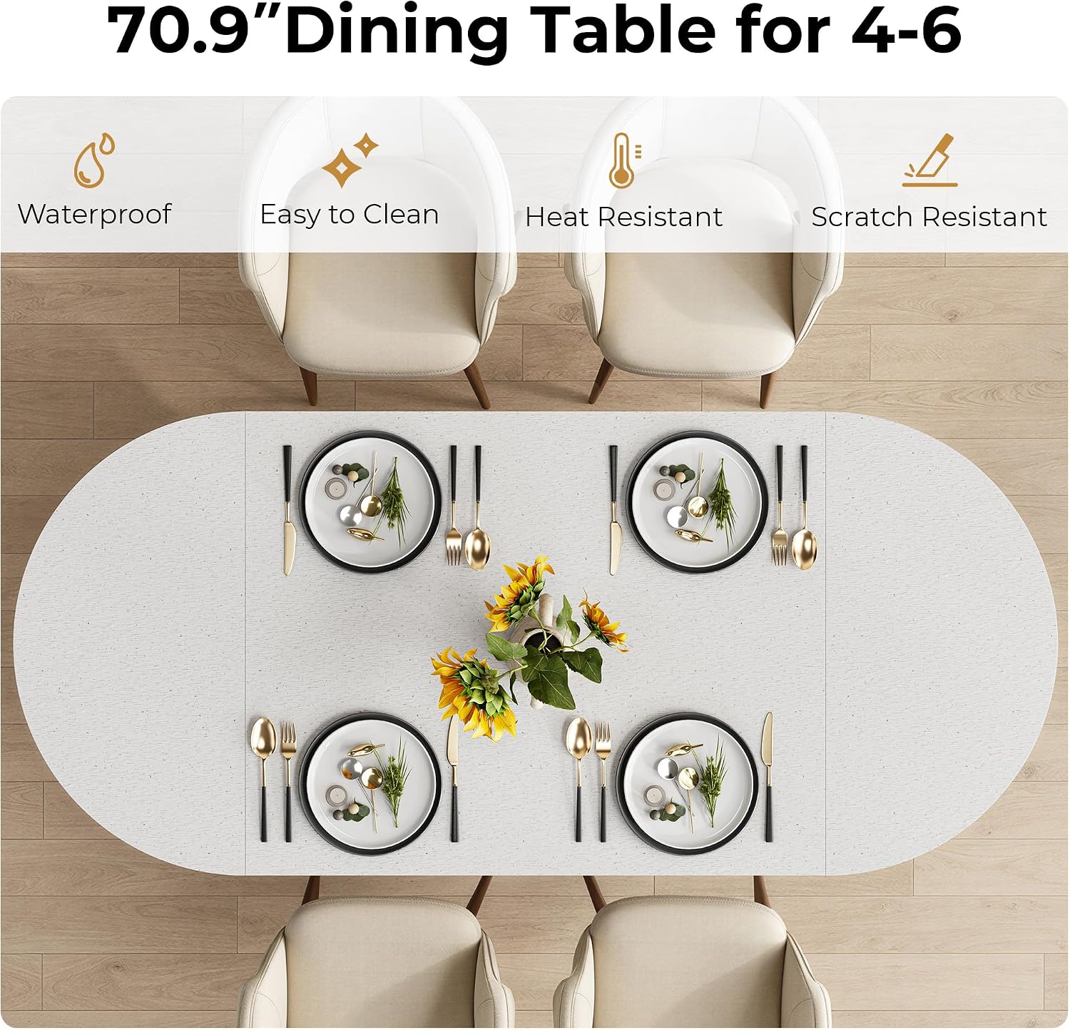 IRONCK 71' Oval Dining Table for 4-8, Modern Farmhouse Dining Table with Hidden Storage & Fluted Base, 1.6' Thick Faux Quartz Top, Dinner Table for Dining Room Kitchen Home Office, Black