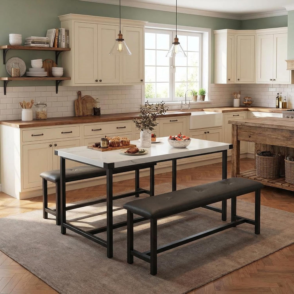 GarveeHome Dining Table Set for 4, Kitchen Table with 2 Upholstered Benches, Wood Kitchen Dining Room Set, for Small Space, Apartment, Home, Dinner, Marble White