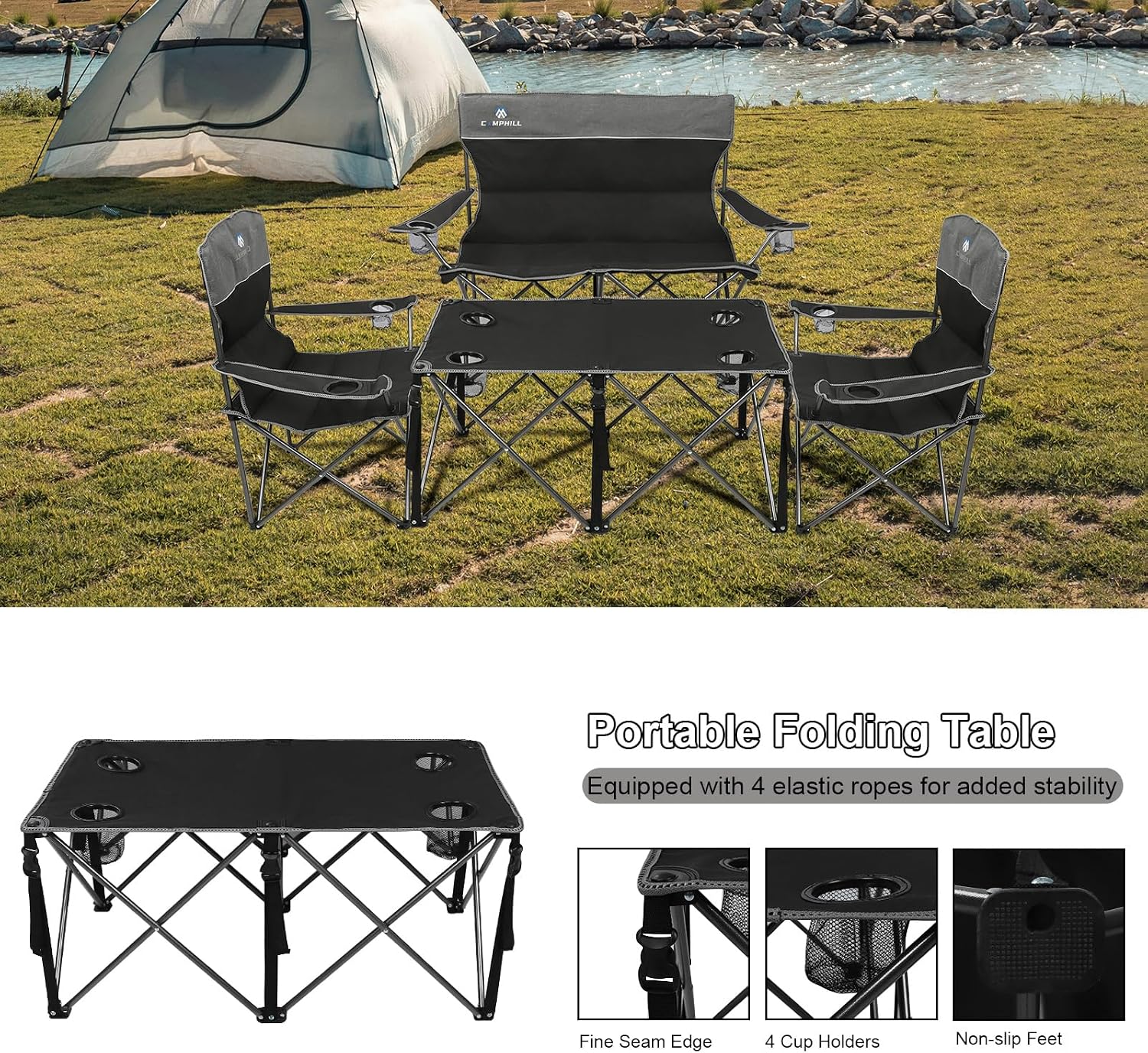 Camping Chair Set of 3, Outdoor Folding Camping Chairs for Heavy People with Cup Holder & Carry Bag,Collapsible Chair Include One Sofa Chair and Two Single Chair,Support up to 500lbs