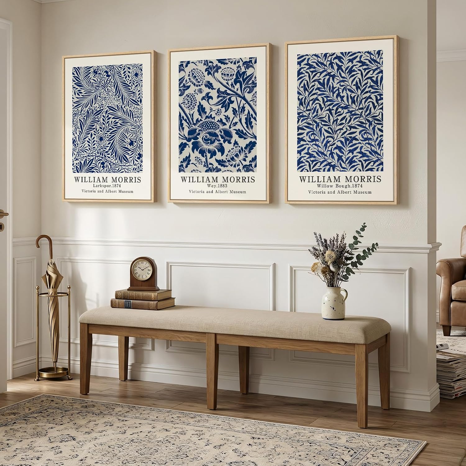 Large Framed Blue William Morris Wall Art Set of 3, Vintage Botanical Floral Canvas Wall Decor Painting, Retro Farmhouse Artwork Prints for Living Room, Bedroom, Hallway, Office, 24x36 Inch