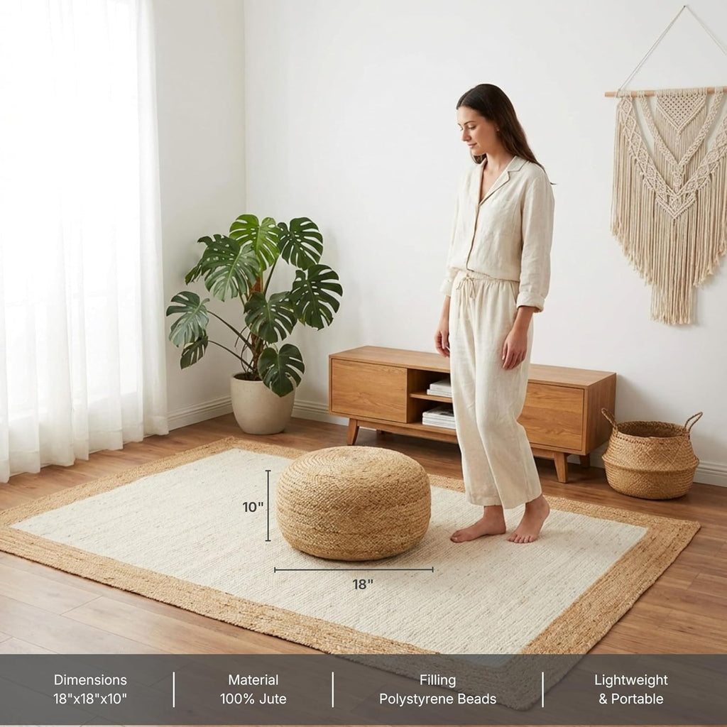 · REDEARTH · Jute Circular Low Pouf Ottoman - Braided Pouffe Accent Sitting Round Footrest for Living Room, Bedroom, Nursery, kidsroom, Patio, Gym; 100% Jute Set of 2 (18'X18'X10'; Natural)