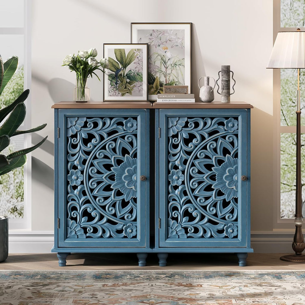 JOINICE Small Accent Cabinet with Carved Mandala Door,Storage Cabinet with Solid Wood Legs & Adjustable Shelf,Boho Distressed End Table for Living Room,Bedroom, Entryway Side Table(Blue & Walnut)