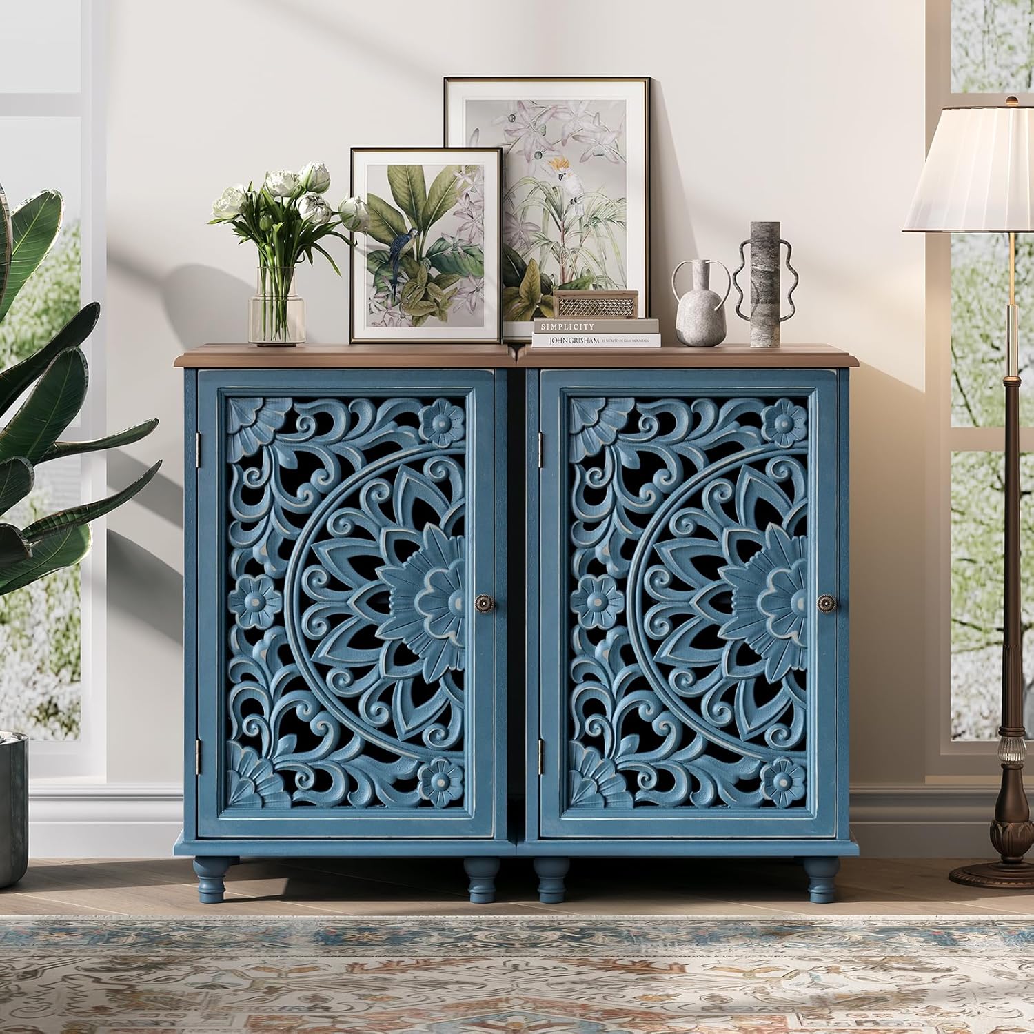 JOINICE Small Accent Cabinet with Carved Mandala Door,Storage Cabinet with Solid Wood Legs & Adjustable Shelf,Boho Distressed End Table for Living Room,Bedroom, Entryway Side Table(Blue & Walnut)
