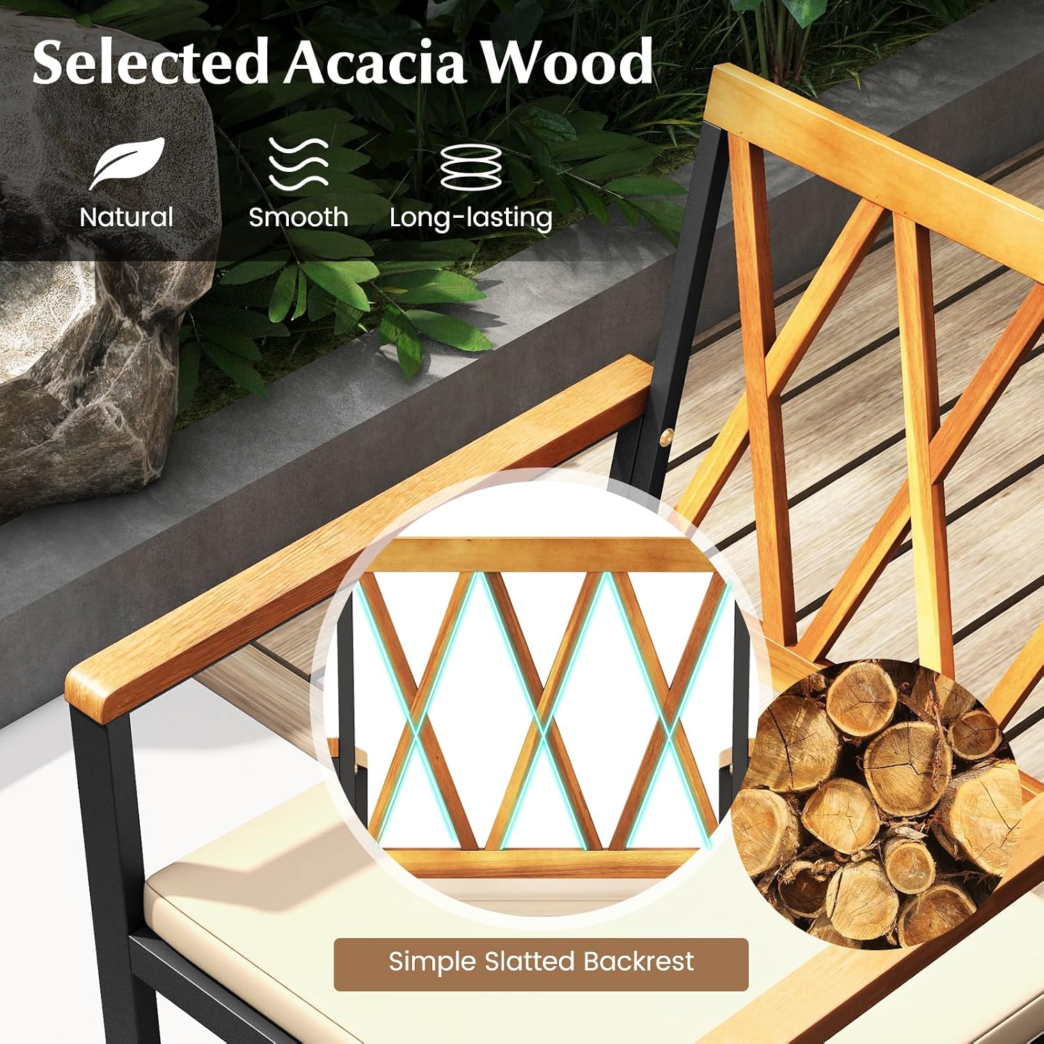 Tangkula 5 Piece Wood Outdoor Dining Set for 4, Rectangular Patio Acacia Wood Table Set with 4 Cushioned Chairs, Umbrella Hole, Heavy Duty Metal Frame for Deck Porch Backyard