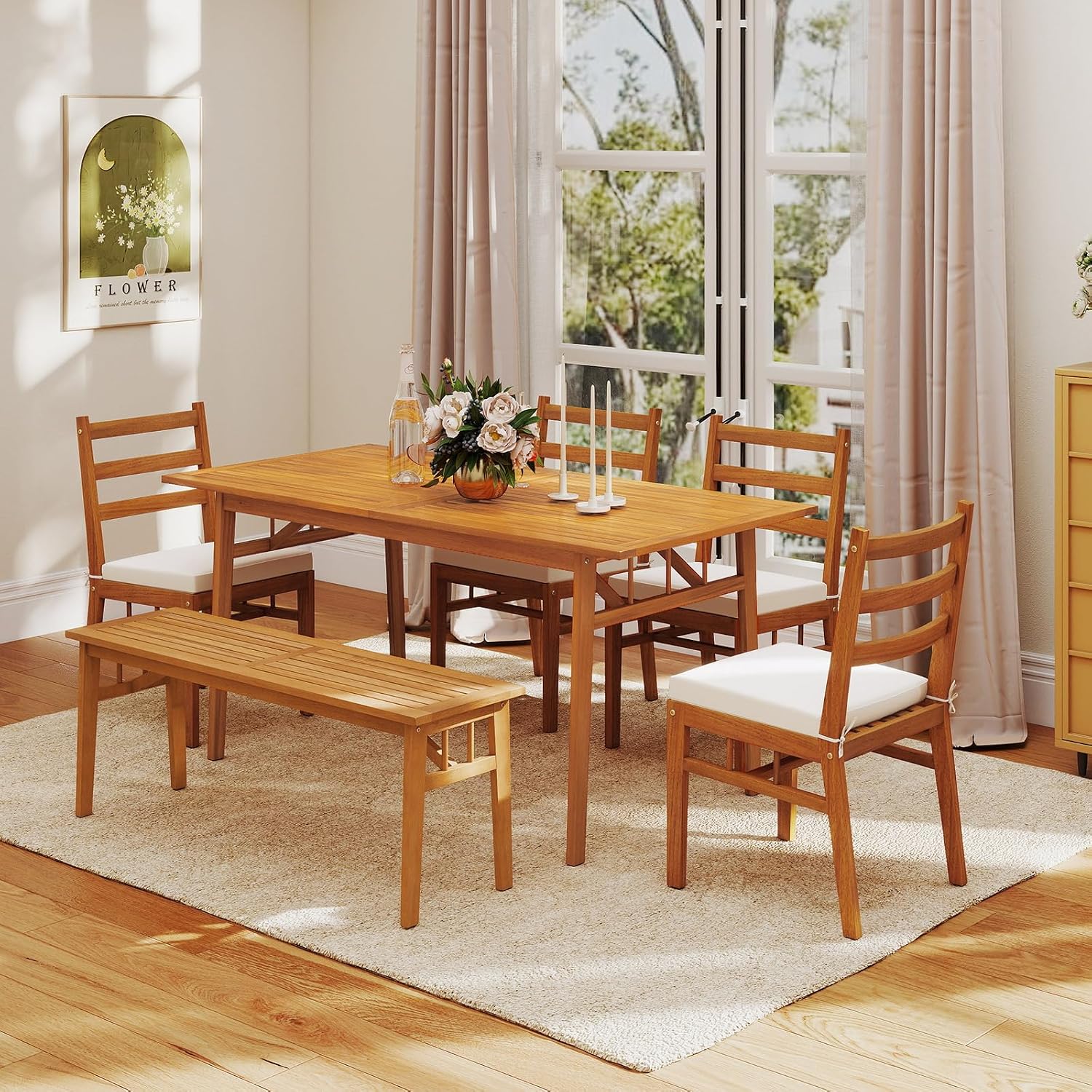 Tangkula 6 Pieces Patio Acacia Wood Dining Set, Outdoor Rectangular Table with 1.97' Umbrella Hole, Bench and Cushioned Chairs for 6, for Deck, Yard and Poolside