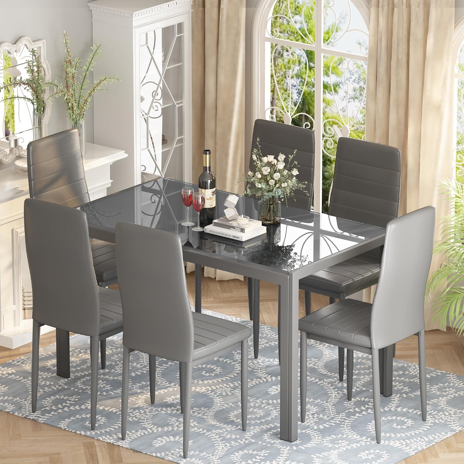Recaceik 7 Piece Dining Table Set for 6, Tempered Glass Kitchen Table and PU Leather Chairs, Modern Dining Room Table Set for Small Space, Apartment