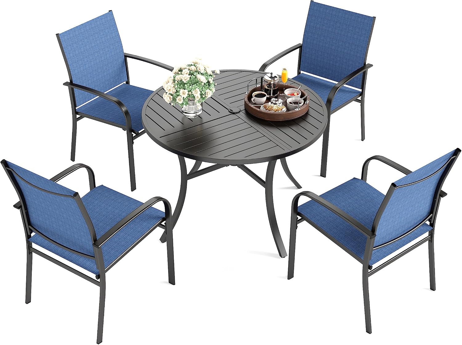 HERA'S HOUSE 5 Pieces Patio Table and Chairs Set, Outdoor Dining Furniture for 4, 42' Black Metal Round Dining Table with Umbrella Hole, 4 x Blue Textilene Chairs for Lawn Garden Backyard Deck