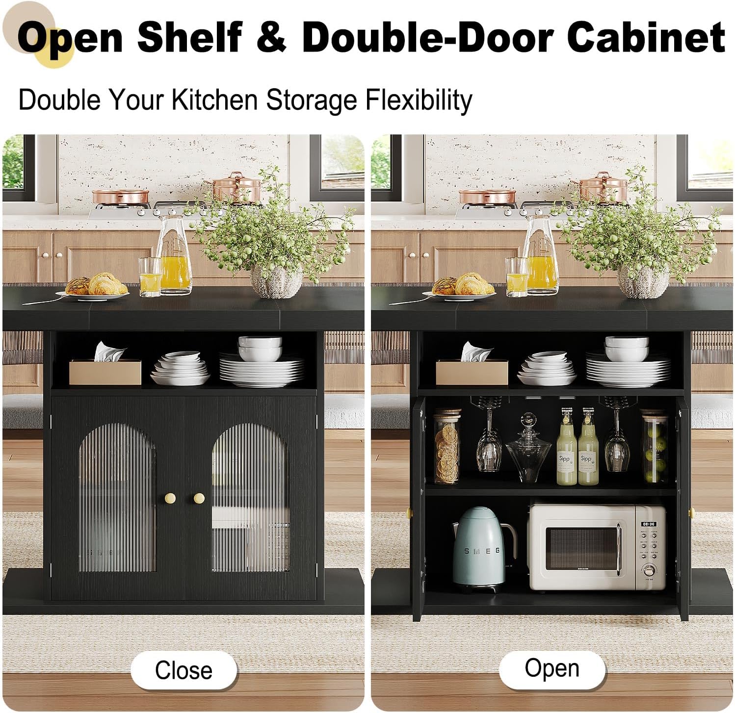 HSH Black Dining Table for 4 to 6, Modern Kitchen Dining Room Table with 3-Tier Storage Shelf and Acrylic Door Cabinet, Rectangular Wooden Dinner Tables for Home Kitchen Living Room, Black Oak，63 in