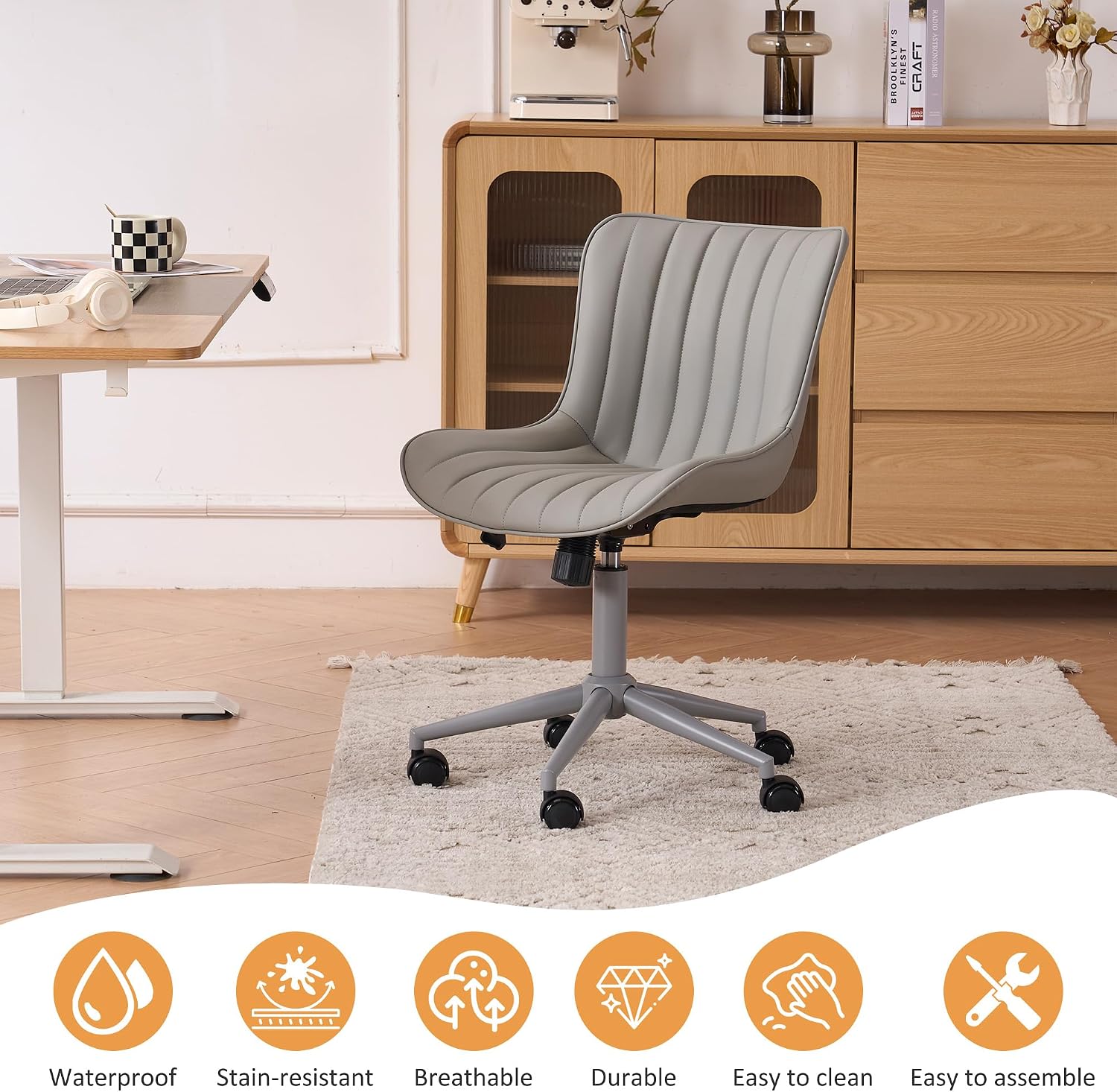 YOUNIKE Home Office Desk Chair with Wheels Armless Vanity Chair with Back Comfy Modern Leather Upholstered Rolling Task Chair Swivel Small Cute Sewing Chair No Arms Wide Adjustable Ergonomic Grey