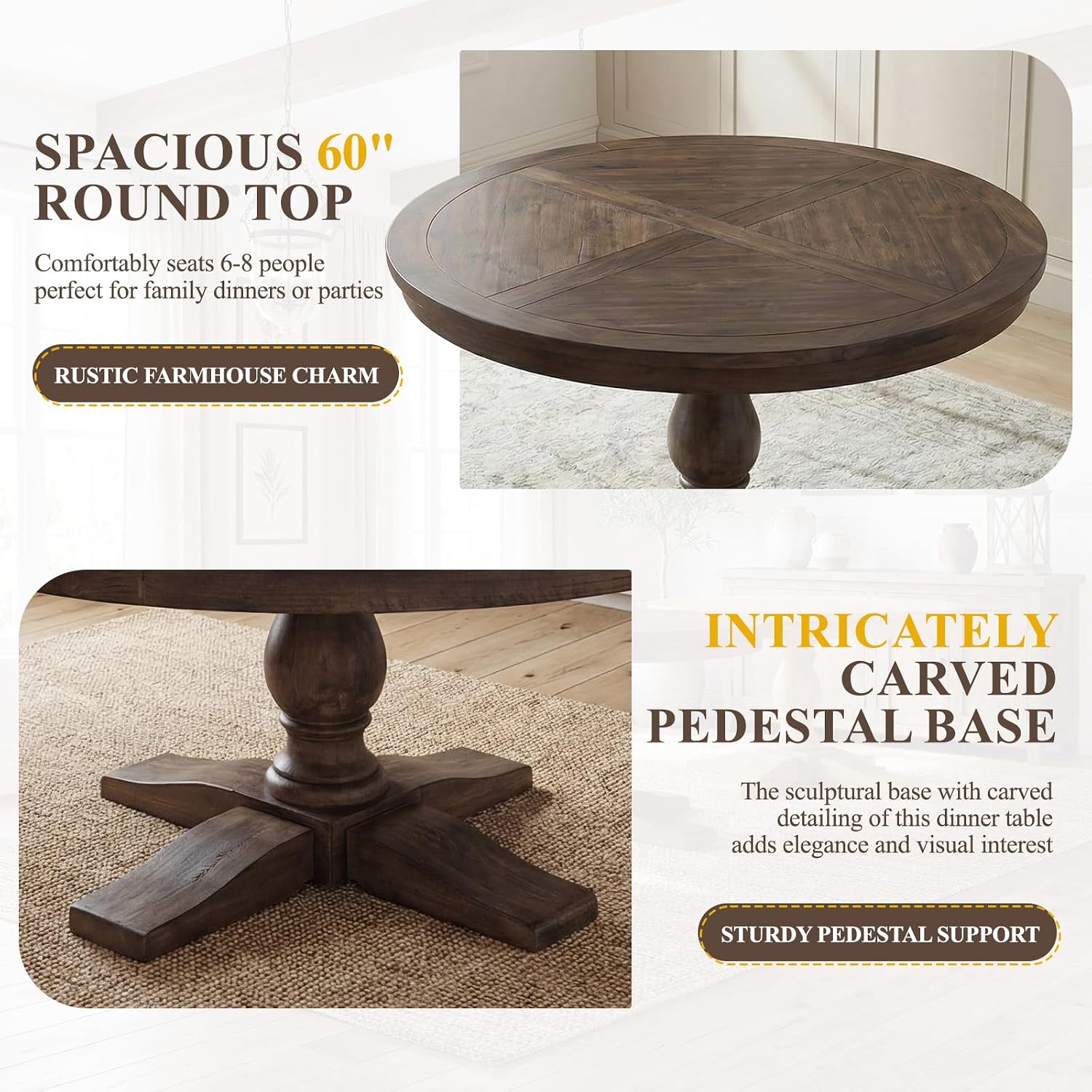 60' Round Dining Table, Reclaimed Wood Kitchen Table for 6-8 Farmhouse Circle Kitchen Table with Pedestal Curved Leg for Kitchen Dining Room Restaurant - Weathered Brown