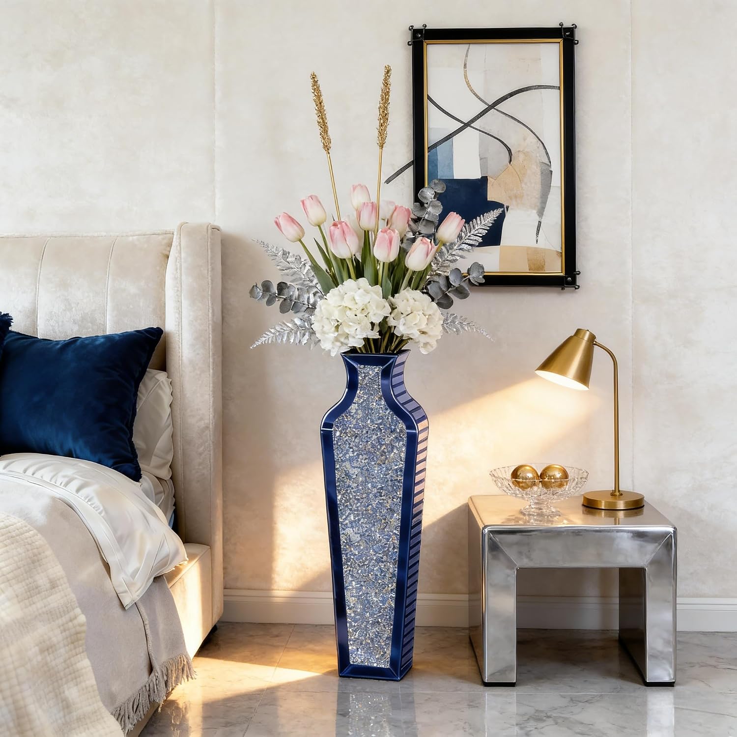SHYFOY Blue Crushed Diamond Floor Vase, Large Mirrored Tall Vases for Floor, Modern Glass Decorative Vases for Living Room Bedroom Home Corner Indoor Office, 26.8' Tall