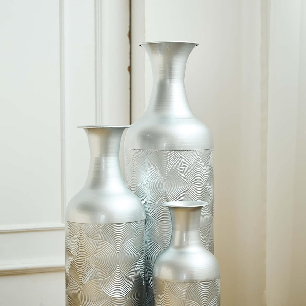 Metal Floor Vases Set of 3, Tall Vase for Floor Decoration with Modern Wave Pattern, Large Decorative Floor Vases for Living Room, Tall Cylinder Flower Vase for Home Office Décor (Silver)