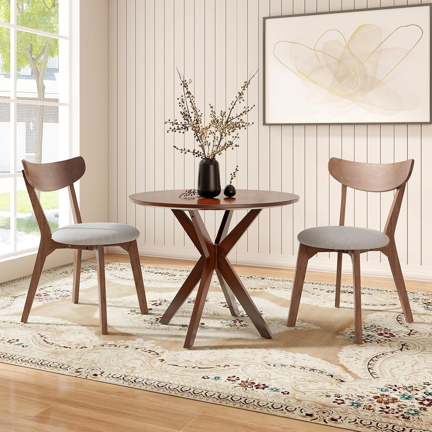 ERGOMASTER 3-Piece Dining Table Set for 2, 36' Kitchen Round Table with 2 Chairs, Rubber Wood Legs, Brown