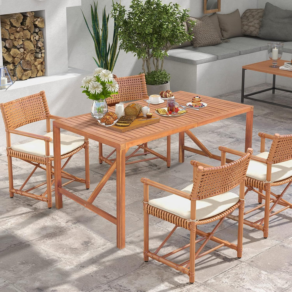 Tangkula 55' Acacia Wood Outdoor Dining Table for 4-6 Person, Rectangular Patio Dining Table with 2' Umbrella Hole and Support Bars, Indoor Outdoor Dining Furniture for Deck, Garden, Poolside & Yard