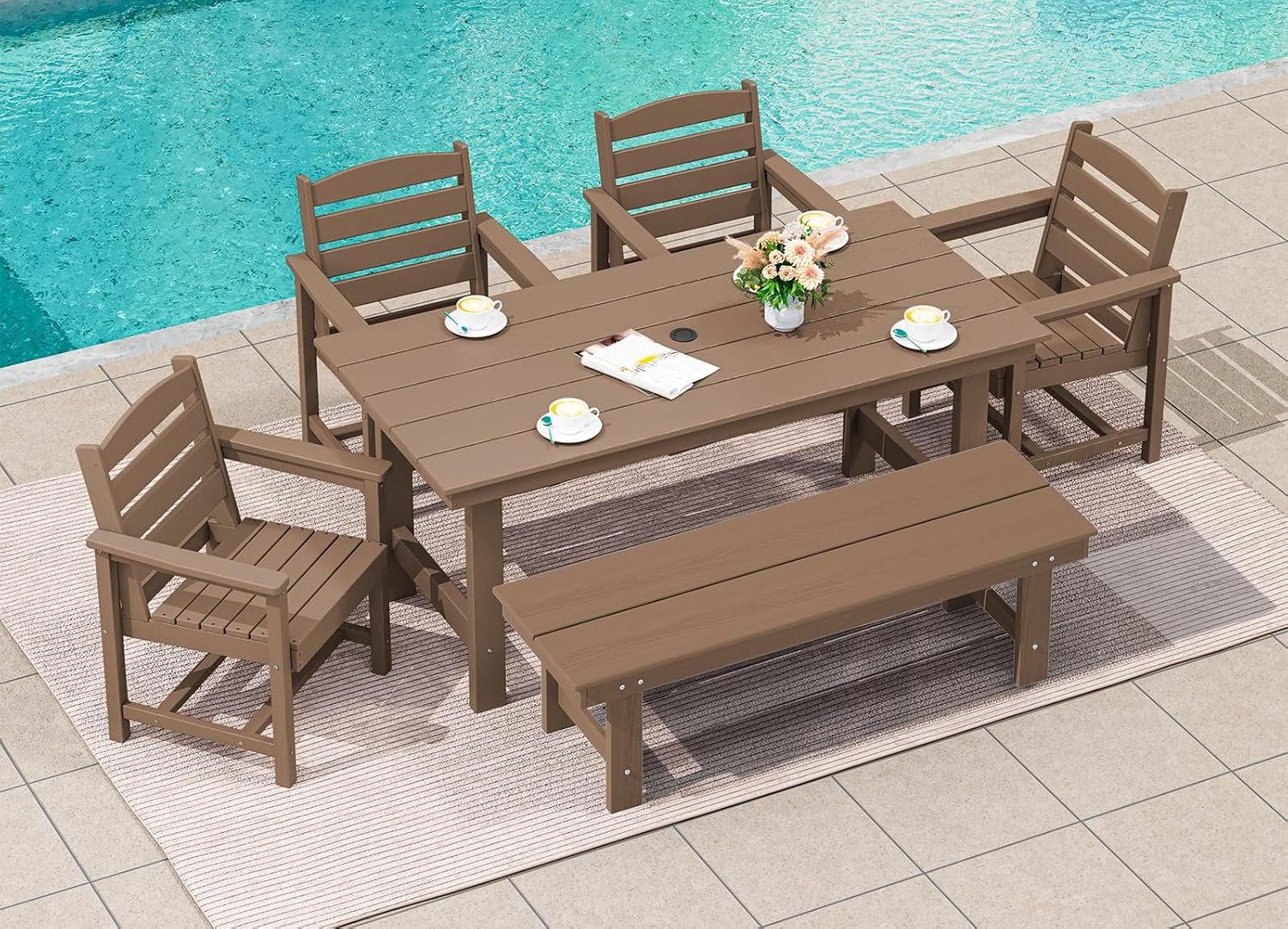 SERWALL Outdoor Dining Set for 6, HDPE Furniture with Umbrella Hole & Bench & Chairs, All Weather, Brown