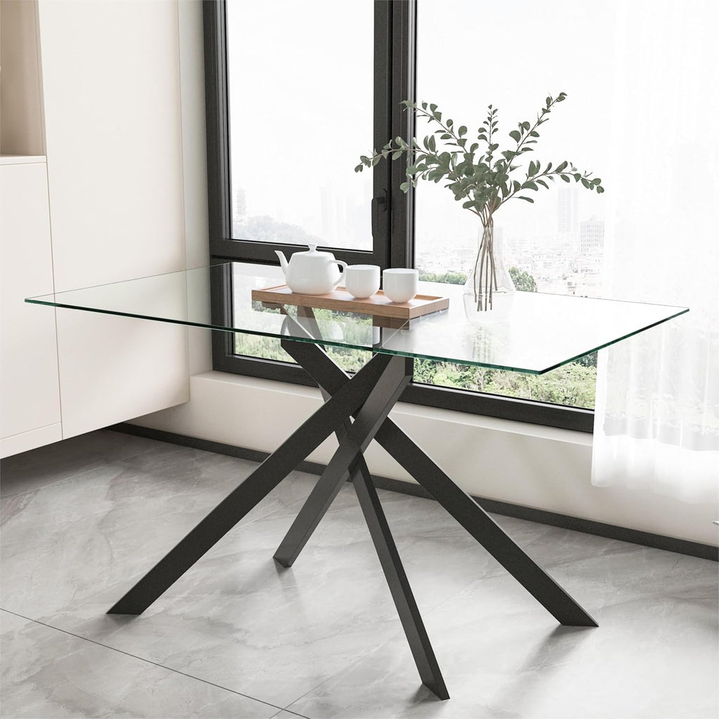 51.18' Rectangular Glass Dining Table, Tempered Glass Kitchen Tabe with Metal Legs, Stylish and Sturdy Dinner Table for Home and Outdoor Dining (Black, 51.18'')