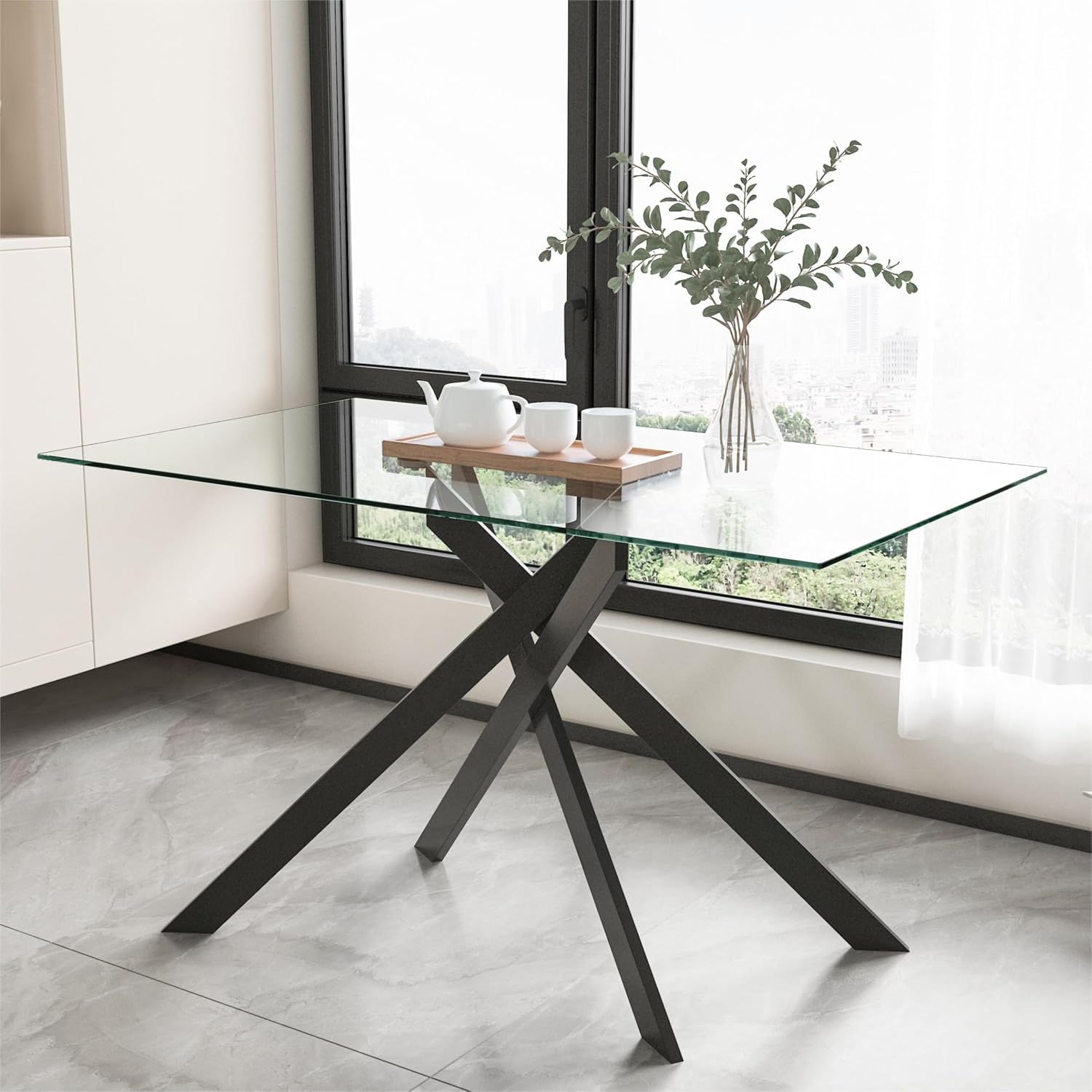 51.18' Rectangular Glass Dining Table, Tempered Glass Kitchen Tabe with Metal Legs, Stylish and Sturdy Dinner Table for Home and Outdoor Dining (Black, 51.18'')