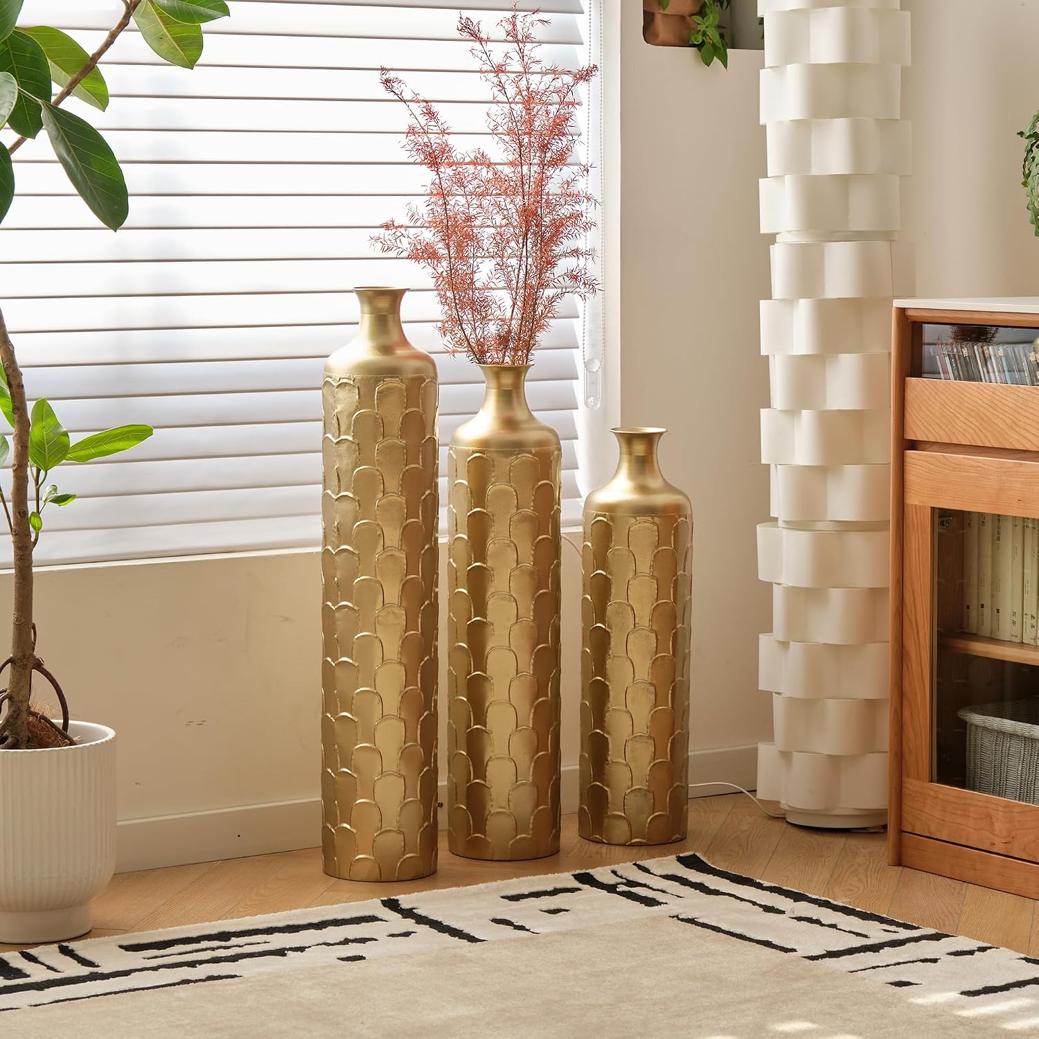 Floor Metal Decorated Vases Set of 3 for Gorgeous Home Decoration Large Glazed Metal Vases (Gold)