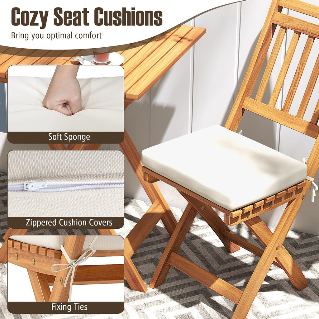 Tangkula Acacia Wood Patio Bistro Set of 3, Outdoor Folding Chair Table Set with Soft Seat Cushions, High Back Armless Chairs with Table, Patio Cushioned Dining Set for Backyard, Poolside (Off White)