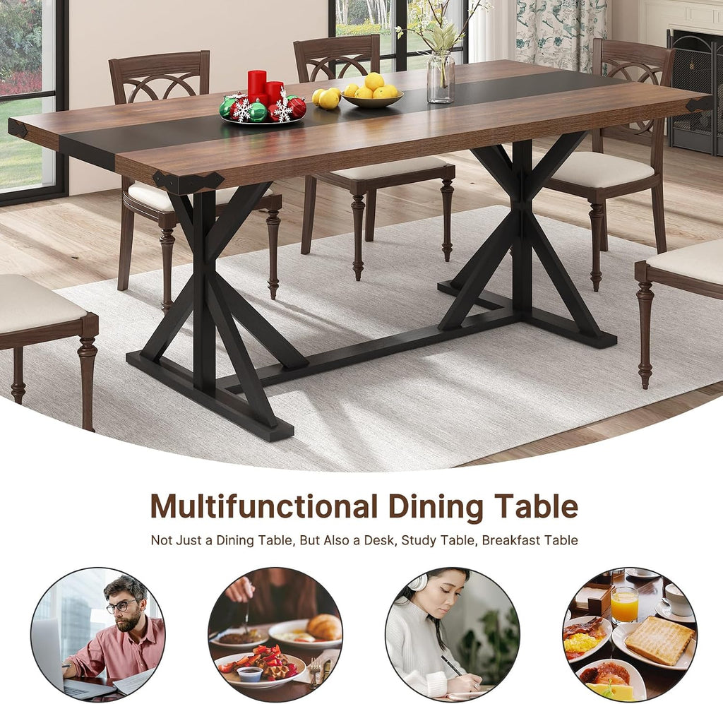 Hlivelood 78 Inch Dining Table for 8 People, Rectangular Kitchen Farmhouse Table W/Thickness Waterproof Wood Tabletop,Long Dining Room Tables W/Wood Strip Base for Kitchen Living Room(78IN Brown)
