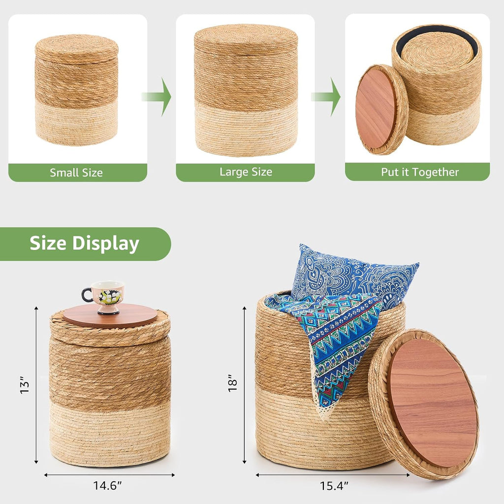 Wimarsbon Round Pouf Ottomans, Handwoven Natural Water Hyacinth Seagrass Pouffe,Outdoor Rattan Stool Accent Seat, Bohemian Coastal Home Decor (Cattail Nested Set-White)