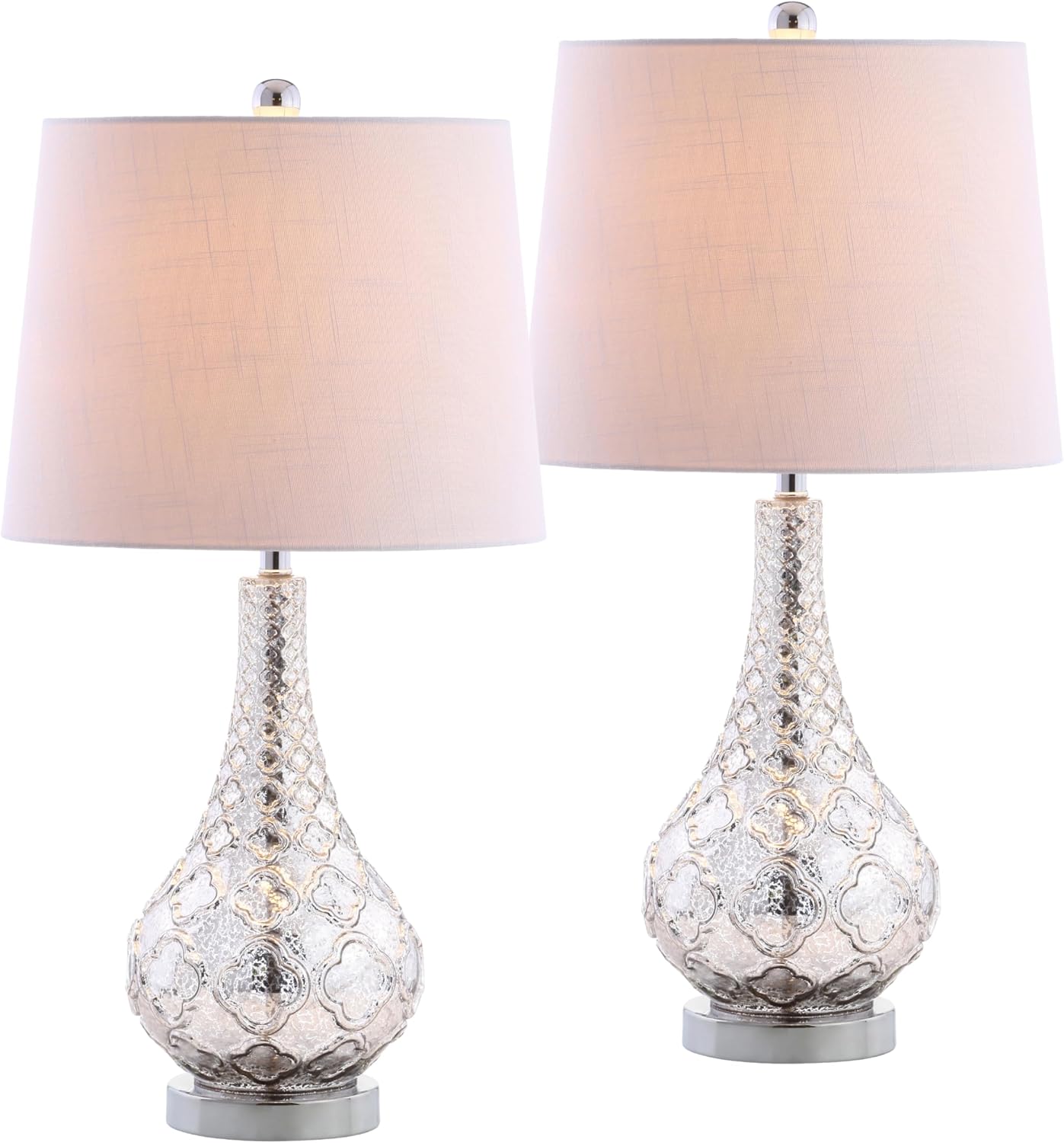 JONATHAN Y 25.5' Mercury Silver Glass Table Lamp Set of 2 for Bedroom, Contemporary Transitional Trellis Lamps for Living Room, White Linen Shade, LED Bulbs Included JYL1077A-SET2