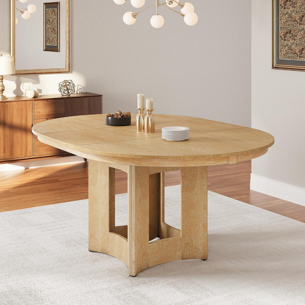 LUMISOL Extendable Round Dining Table for 4-6, Farmhouse Kitchen Table with 16inch Removable Leaf for Small Places for Kitchen, Dining Room, Living Room, Natural