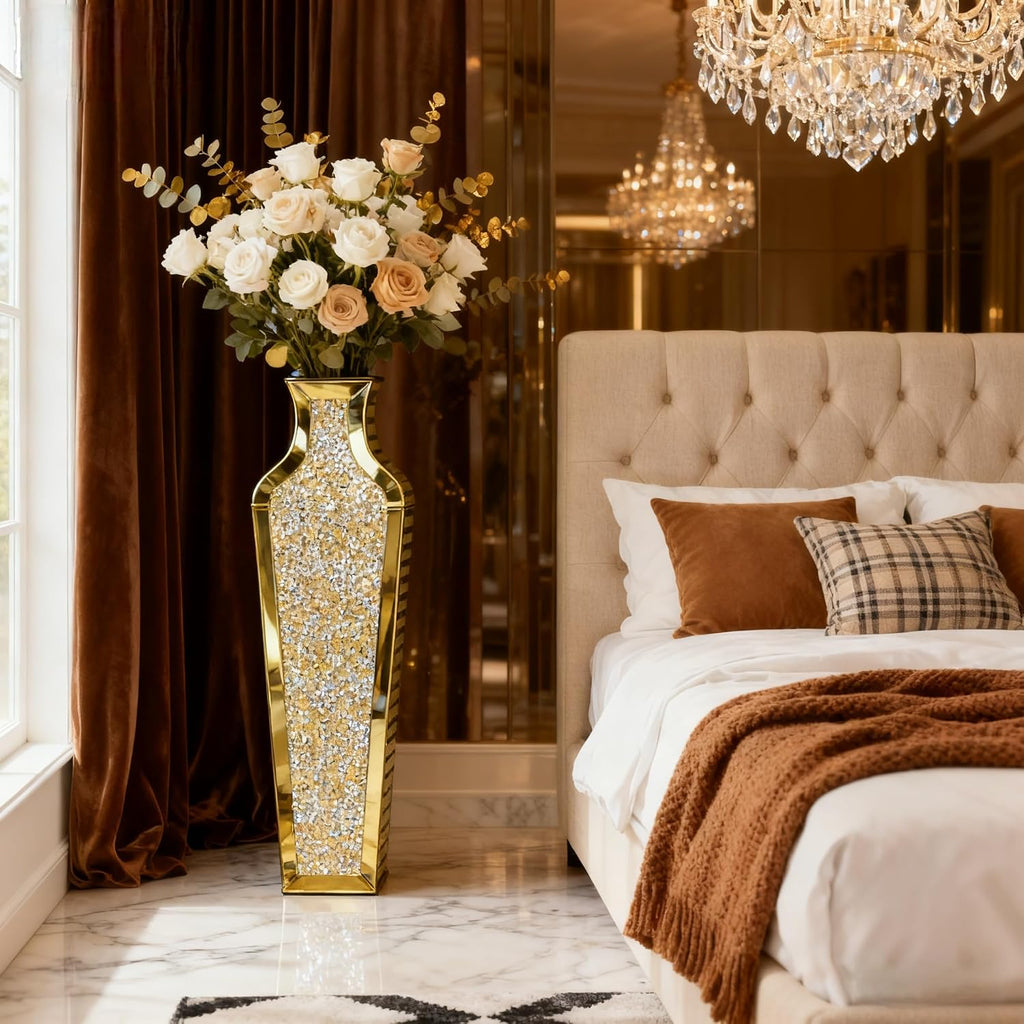 SHYFOY Gold Crushed Diamond Floor Vase, Large Mirrored Tall Vases for Floor, Modern Glass Decorative Vases for Living Room Bedroom Home Corner Indoor Office, 26.8' Tall