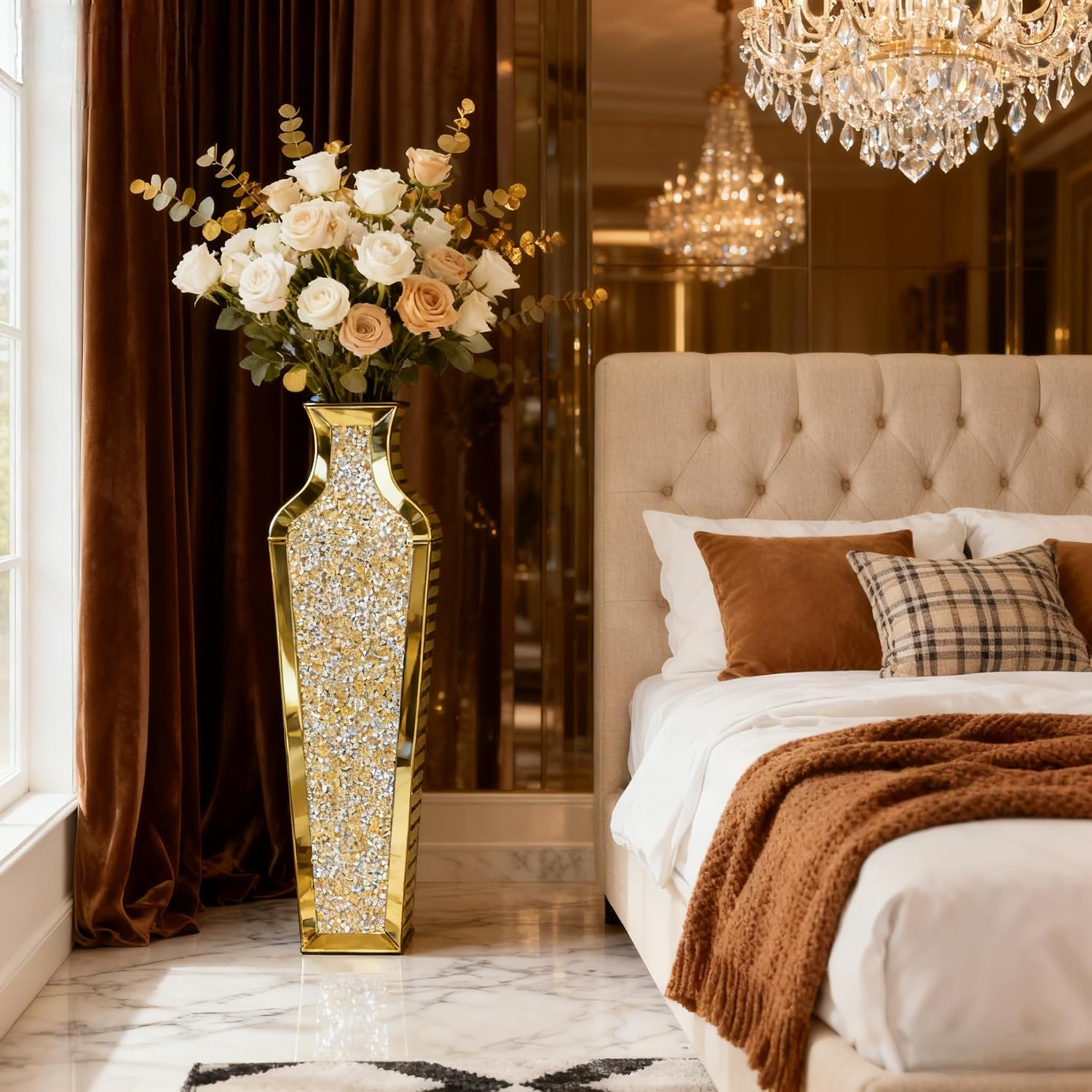 SHYFOY Gold Crushed Diamond Floor Vase, Large Mirrored Tall Vases for Floor, Modern Glass Decorative Vases for Living Room Bedroom Home Corner Indoor Office, 26.8' Tall