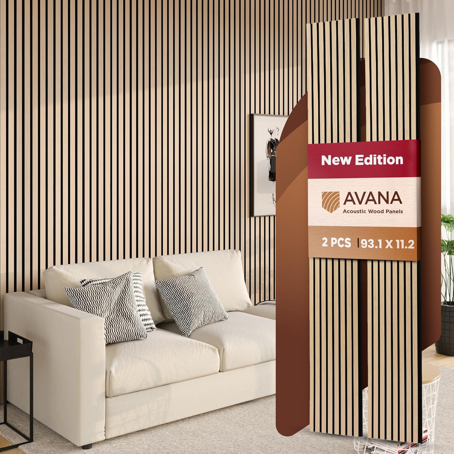 Avana Acoustic Wood Wall Panels – 93.2x11.25 Inch Panels – Fits 94x12 Layout – White Oak Acoustic Panels 2 PCs – Wall Panels for Interior Wall Decor for Homes, Offices – Design Wood Panels for Wall
