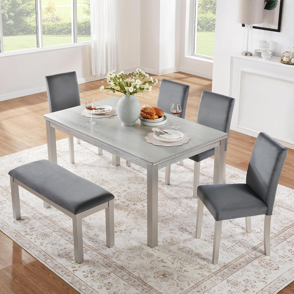 LUMISOL 6 Piece Wooden Dining Table Set, Rectangular Kitchen Table Set with 4 Upholstered Chairs and Bench for 6 People, Sliver Grey