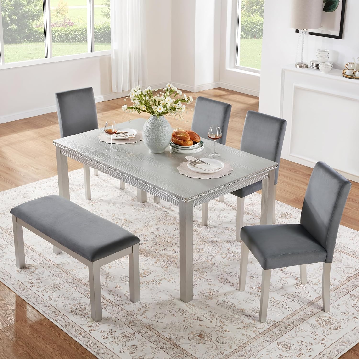 LUMISOL 6 Piece Wooden Dining Table Set, Rectangular Kitchen Table Set with 4 Upholstered Chairs and Bench for 6 People, Sliver Grey