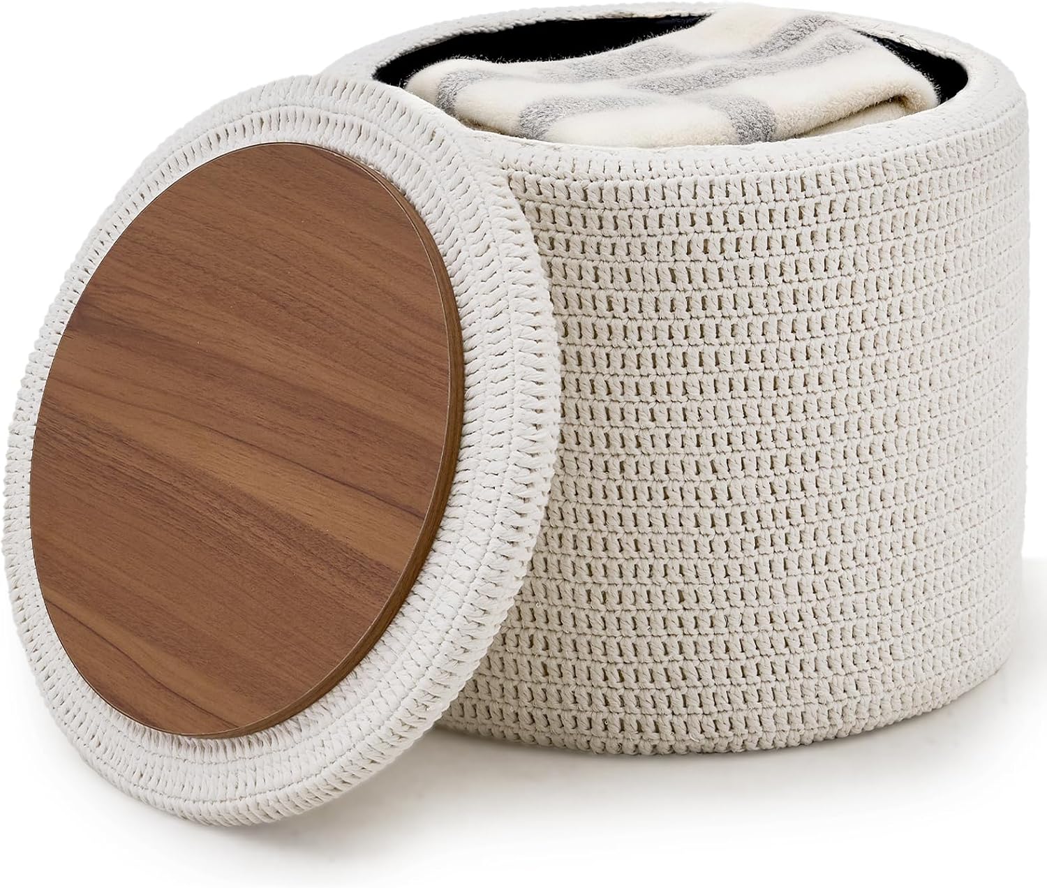 Wimarsbon Pouf Ottoman, 100% Cotton Knitted Boho Footstool, Round Footrest with Non-Skid Wood Legs, Home Décor Handmade Pouffe, Leisure Floor Step Stool for Living Room (18inch White Storage Ottoman)