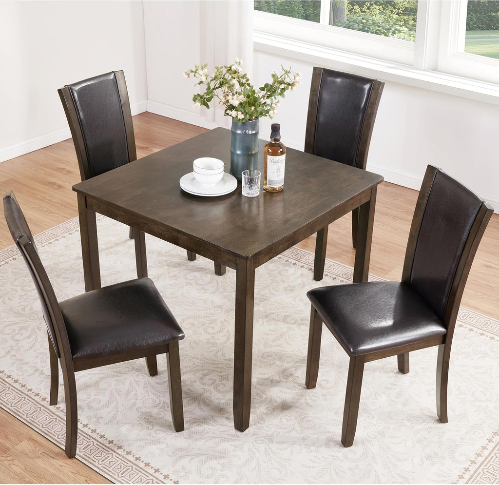 LUMISOL Dining Table Set for 4, Farmhouse Kitchen Table Set with PU Leather Dining Chairs, 5-Piece Wood Dining Sets, Dark Walnut
