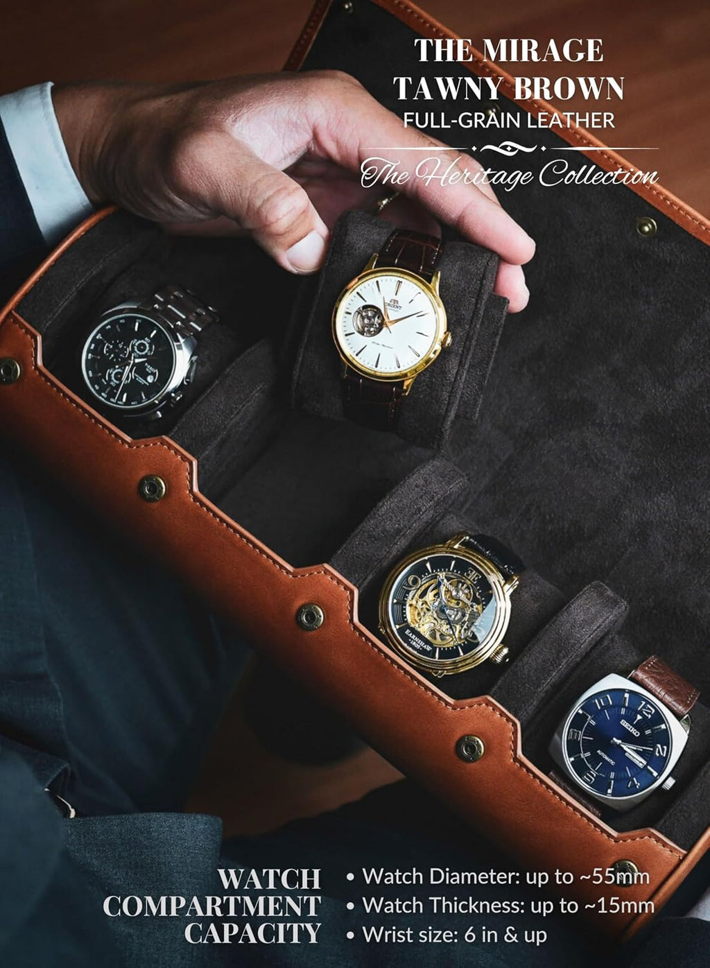4 Watch Travel Case for Men Leather Watch Roll Case Storage for Travel - Brown Full Grain Cow Leather