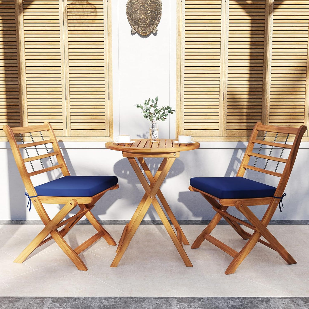 Tangkula 3 Piece Patio Wood Bistro Set, Folding Table Chair Set w/Soft Seat Cushions, Acacia Wood Frame, High-Back Portable Chairs w/Table for Backyard, Poolside (Navy)