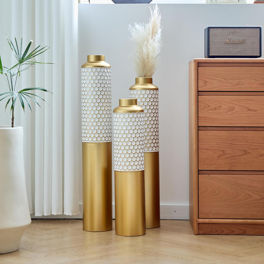 Floor Metal Vase Modern Style Decoration Home, Metal Vase 3-Piece Set for Living Room, Entryway & Office Decor, Rustproof Tall Standing Home Décor (Gold+White Hexagon)