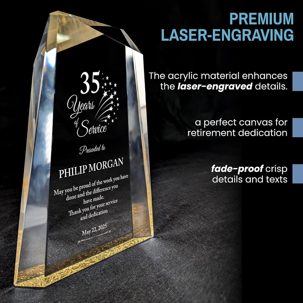 Personalized Acrylic Retirement Gifts For Men and Women, Laser Engraved Custom Trophy for Service Recognition, Years Of Service Retirement Trophy Award for Boss, Employee, Teacher (Clear Facet Wedge)