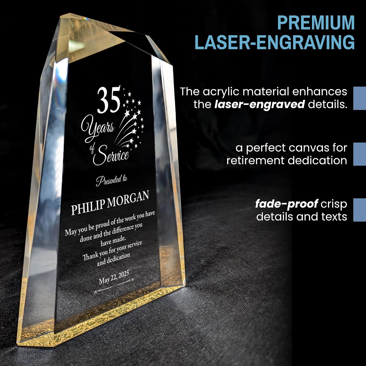 Personalized Acrylic Retirement Gifts For Men and Women, Laser Engraved Custom Trophy for Service Recognition, Years Of Service Retirement Trophy Award for Boss, Employee, Teacher (Clear Facet Wedge)