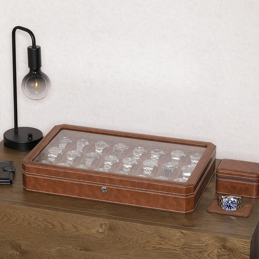 ROTHWELL 24 Slot Watch Case with Lock – Luxury Watch Box to Display and Organize Your Collection | Real Glass Top | Premium Storage for Collectors (Tan/Brown)