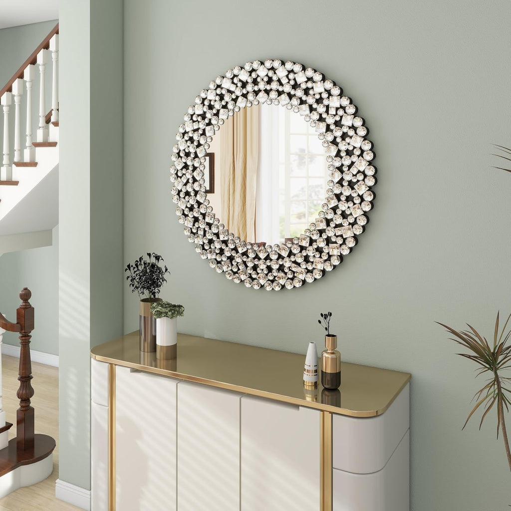 SHYFOY 34' Round Mirrors for Wall Decor,Oversize Jeweled Ornate Wall Mirror Decorative Accent Mirror Chic and Sparkly for Living Room Bathroom Bedroom Fireplace Home Decor