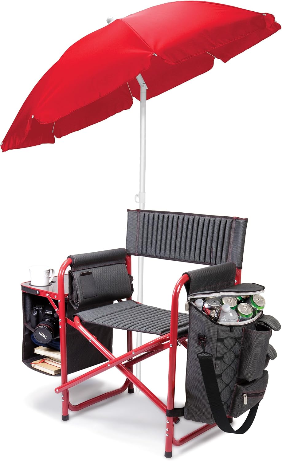 PICNIC TIME Fusion Camping Chair with Side Table and Soft Cooler, Outdoor Foldable Padded Camping Chairs with Cup Holder for Lawn, Beach, & Sports Use for Adults, (Dark Gray Red Accents)